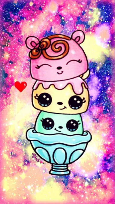 Three scoop shaped animal faces stack in a blue sundae glass over a glitter galaxy print that fills every gap, leaving no calm area for widgets.