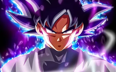 In this close-up the hair is edged in glowing purple against blackness, red light warming the face below two white-lit eyes, both lower corners falling dark.