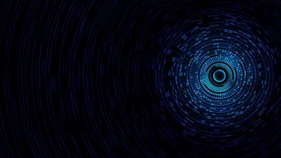 A ring of tiny blue squares spirals outward from a bright circular core on the right, leaving the whole left side of the frame empty and black.