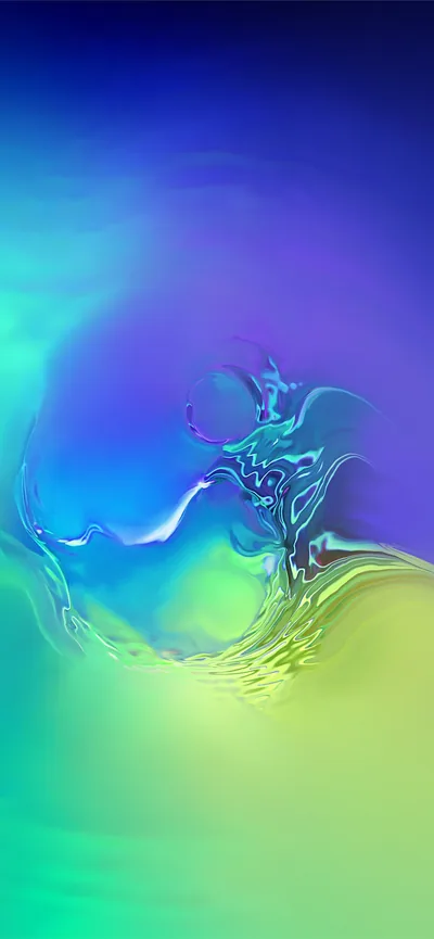 Violet and lime melt into a liquid swirl at the centre of a blue-green gradient, the brightest churn sitting just below the middle of the frame.