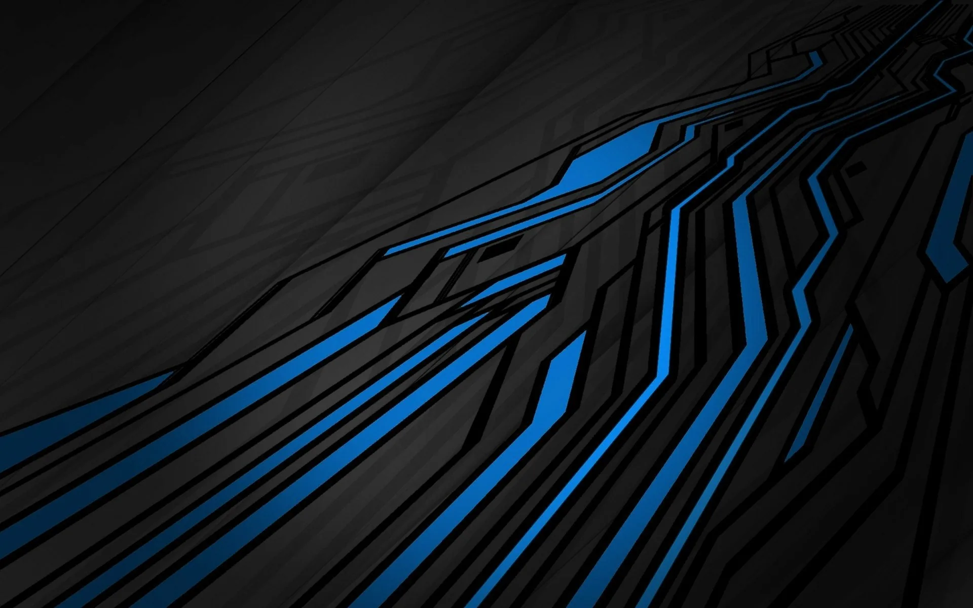 Angular circuit traces run diagonally over a brushed charcoal panel, glowing blue where they turn and dropping to black at the top.