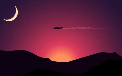A plane draws a straight white trail across a magenta and orange sky, a crescent moon top left and dark hills along the base.