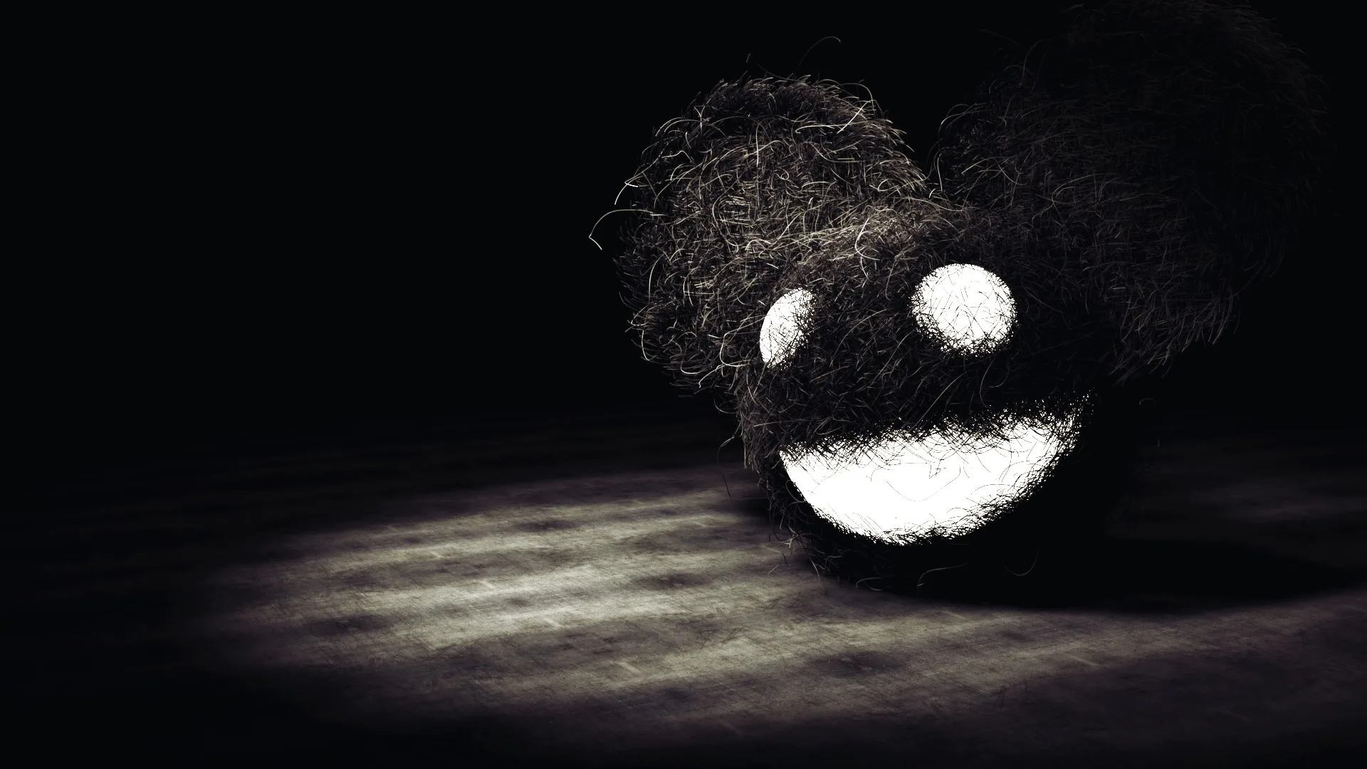 A shaggy round mouse head with wide white eyes and a grin sits in a single overhead beam, the floor around it fading into dark.