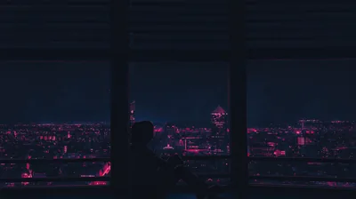 Seated at a high window, a small figure looks over a city glowing pink and magenta, with a wide dark ceiling band up top keeping the clock readable.