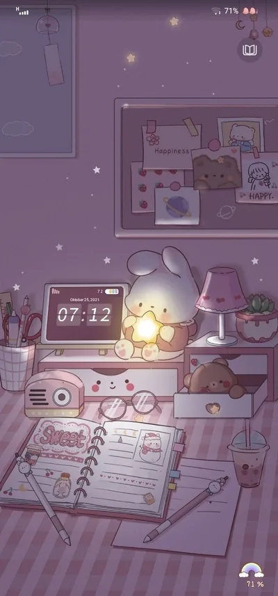 A hamster works at a desk lit by one warm lamp, journal open and a small screen reading 07:12 in a dim purple room.