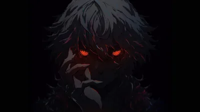 Tight crop on a grey-haired character whose red eyes cut through the dark, the rest of the face barely readable.