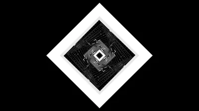 A clean white diamond outline sits centred on black, holding a churning core of glitched grey static around a small hollow square.