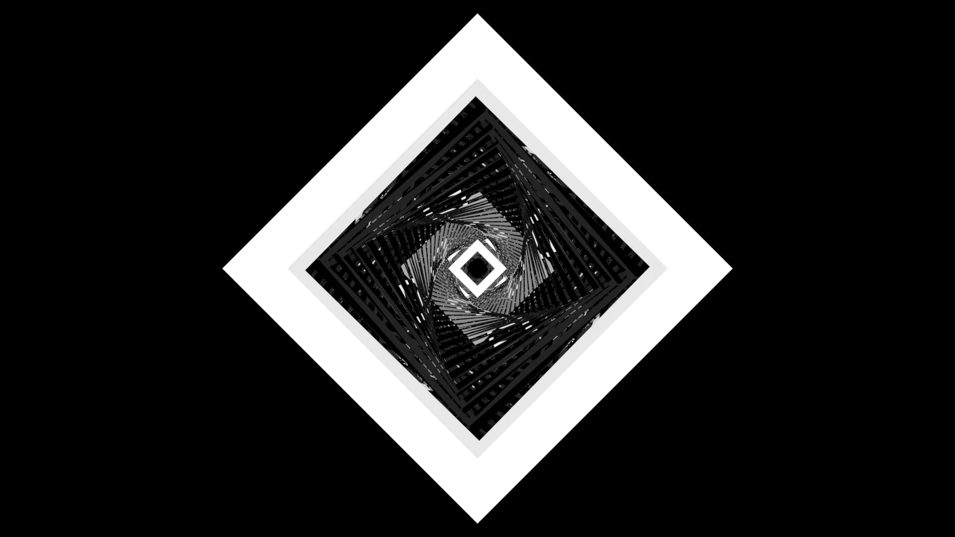 A clean white diamond outline sits centred on black, holding a churning core of glitched grey static around a small hollow square.