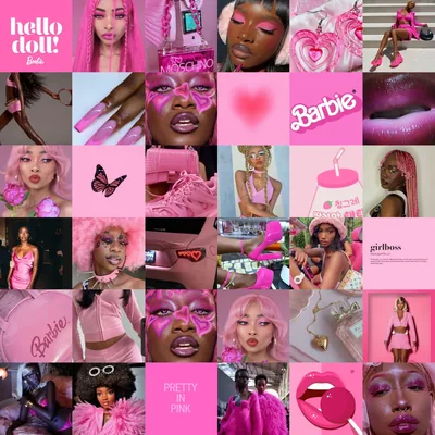 Dozens of small square tiles pack magenta lips, butterflies, doll lettering and portraits into a wall-to-wall grid, busy enough that icons blend straight into it.