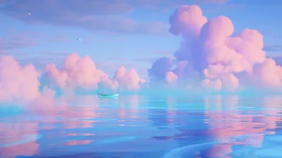 A soft 3D render of cotton-pink clouds mirrored in still water, with a tiny boat at the horizon giving the scene its scale.