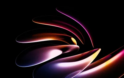 Curved glass-like petals fan out from the lower left of a black field, lit from inside with pink, violet and amber that fades as the shapes overlap.