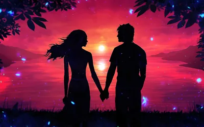 Two silhouettes hold hands on a grassy bank as the sun drops into the water, leaves framing the top corners and fireflies caught in the magenta light.