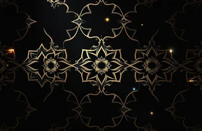 Ornate gold star motifs repeat across a black ground with small coloured lights scattered between them.