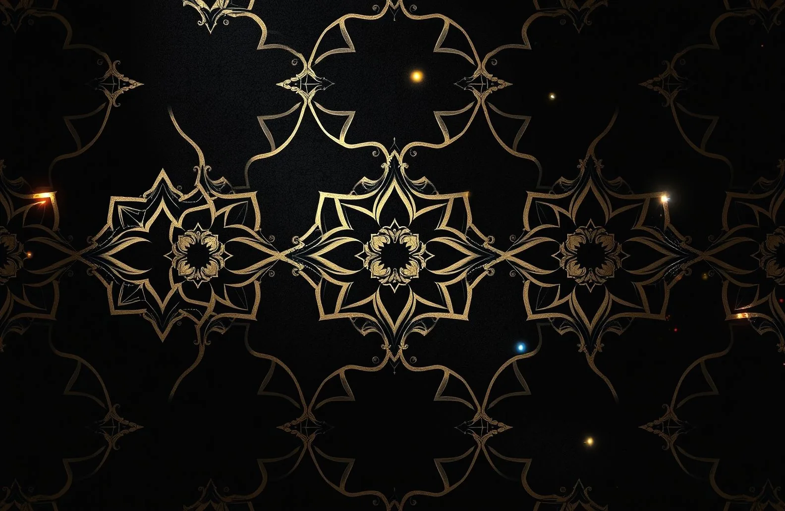 Ornate gold star motifs repeat across a black ground with small coloured lights scattered between them.