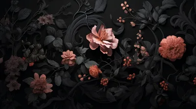 Muted coral roses and red berries thread through black leaves and vines, one larger bloom holding the middle of the panel.