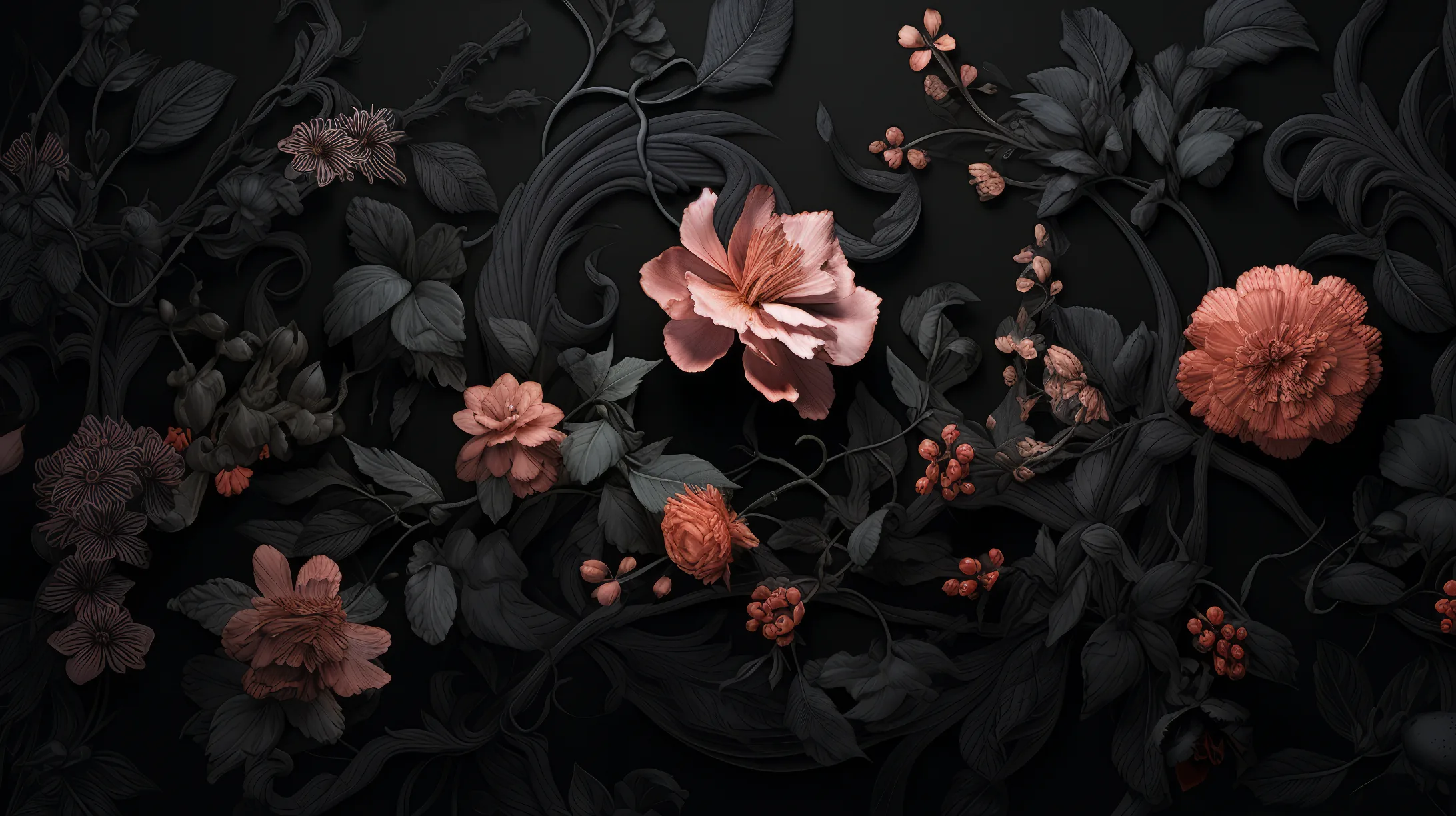 Muted coral roses and red berries thread through black leaves and vines, one larger bloom holding the middle of the panel.