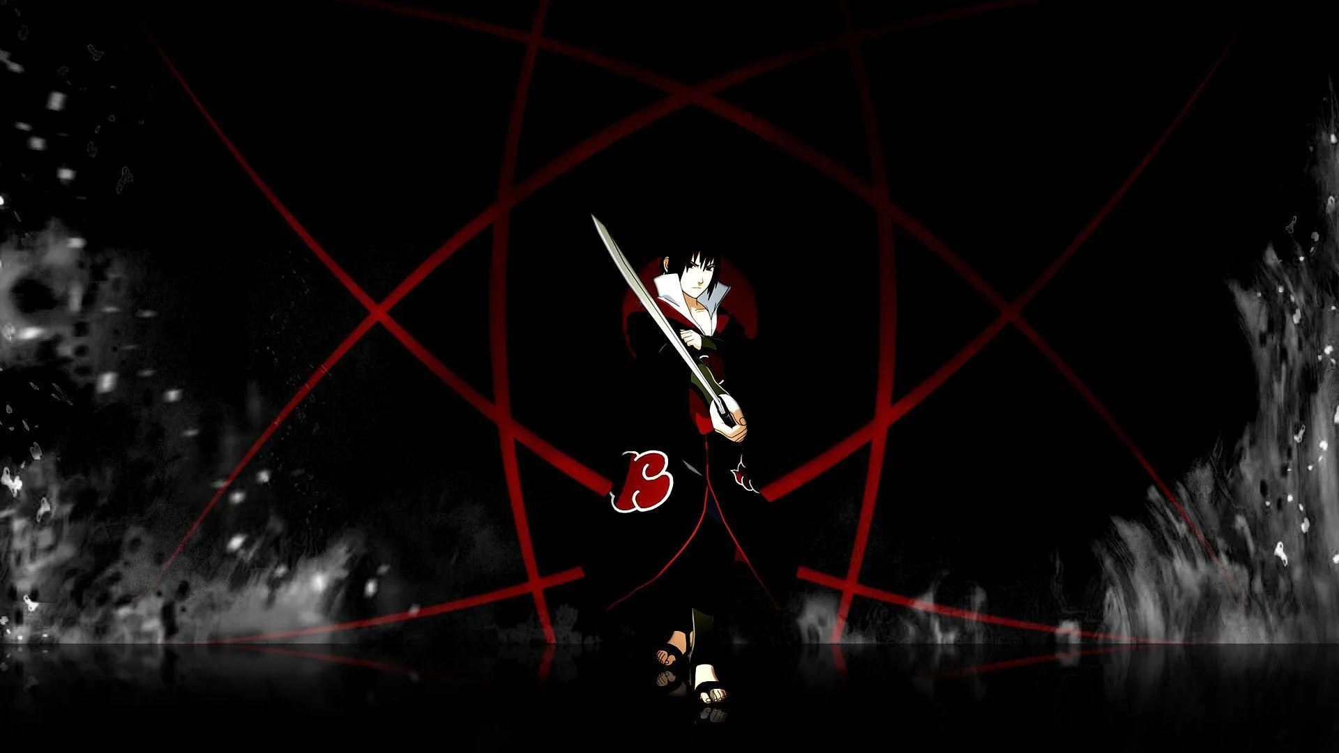 Thin red lines cross into a five-point star over a small hooded figure, with pale smoke breaking up the bottom corners of the black frame.