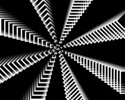 Stepped white square outlines spiral inward like spokes toward an off-centre point, a bold optical illusion in plain black and white.