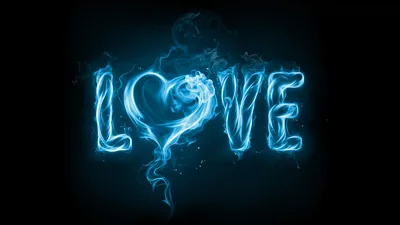 Love written in cold blue flame-like smoke on black, a heart standing in for the O and vapour curling off each letter.