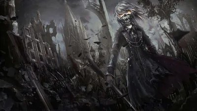 A skull-faced knight in a torn cloak stands among broken spires and circling crows, the whole scene washed in cold grey.