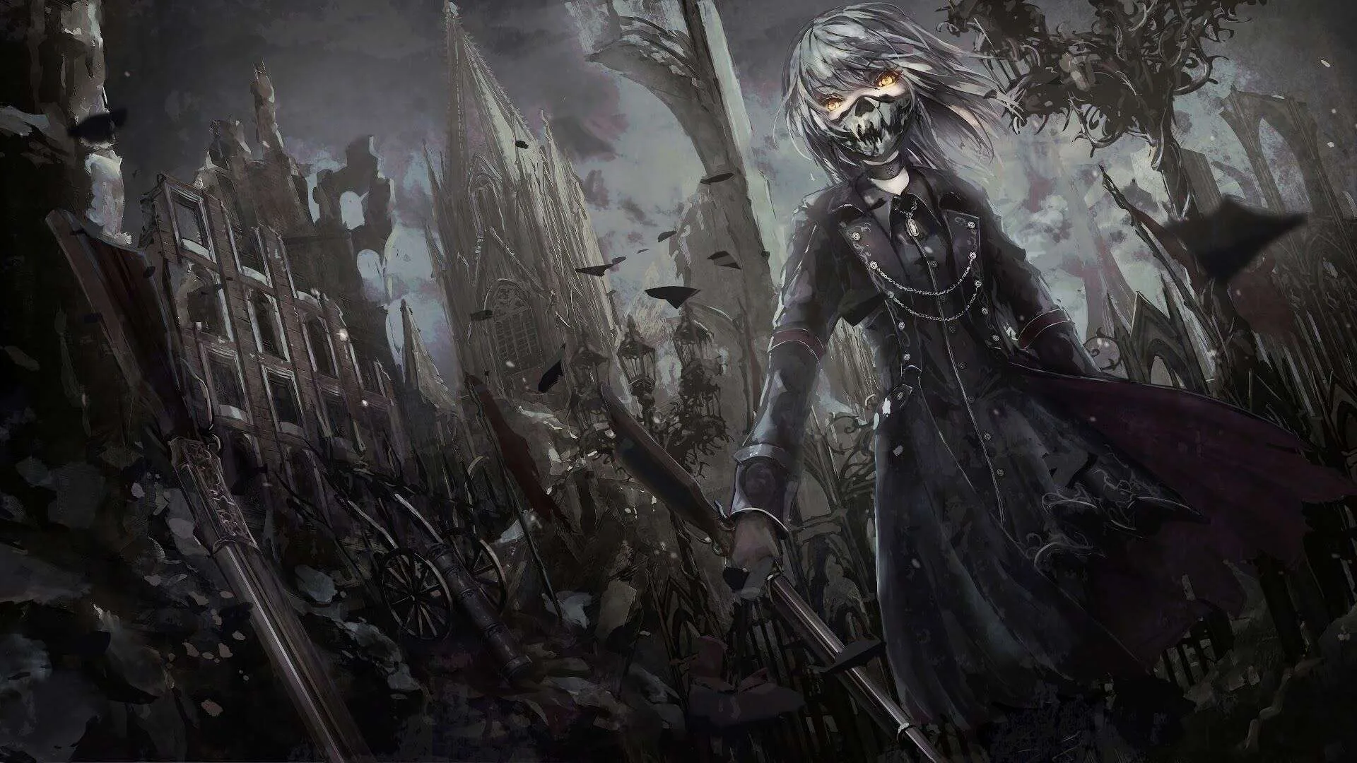 A skull-faced knight in a torn cloak stands among broken spires and circling crows, the whole scene washed in cold grey.