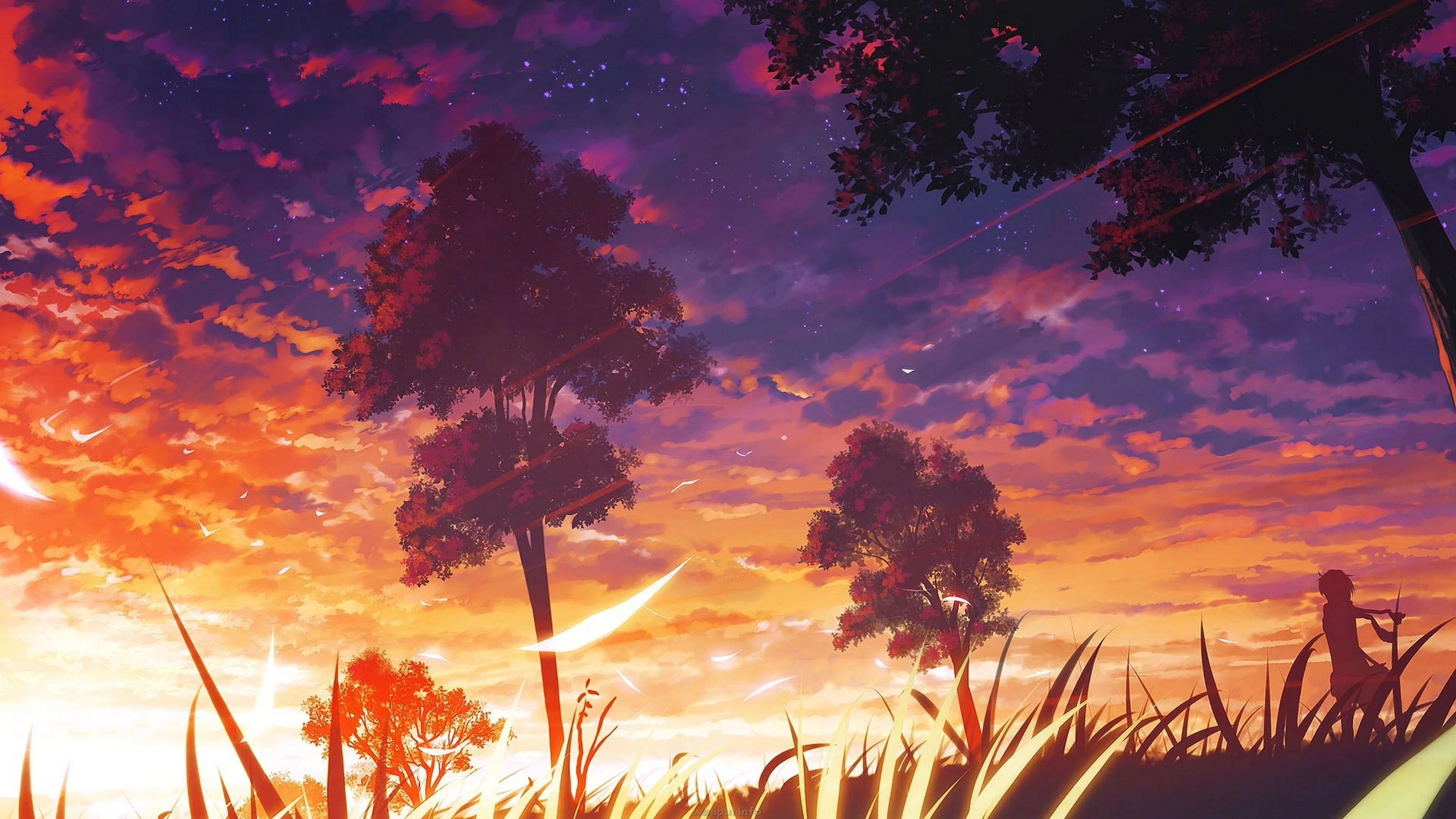 Rounded trees stand black against banded orange and purple clouds, a figure with a stick just visible in the tall grass at the far right.
