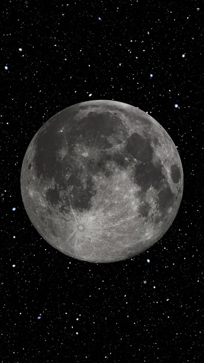 A crater-textured full moon centred against dense stars; the top quarter stays dark, so the clock reads clearly on a lock screen.