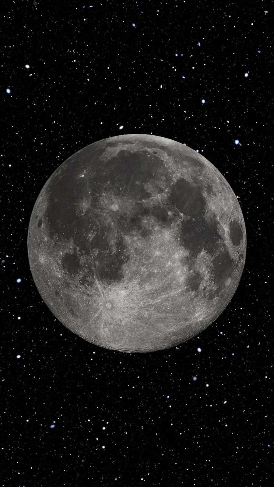 A crater-textured full moon centred against dense stars; the top quarter stays dark, so the clock reads clearly on a lock screen.