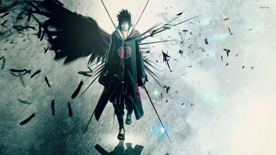 Sasuke stands with one black wing spread as shards and feathers blow outward, the grey wash behind him cracking into pale streaks.
