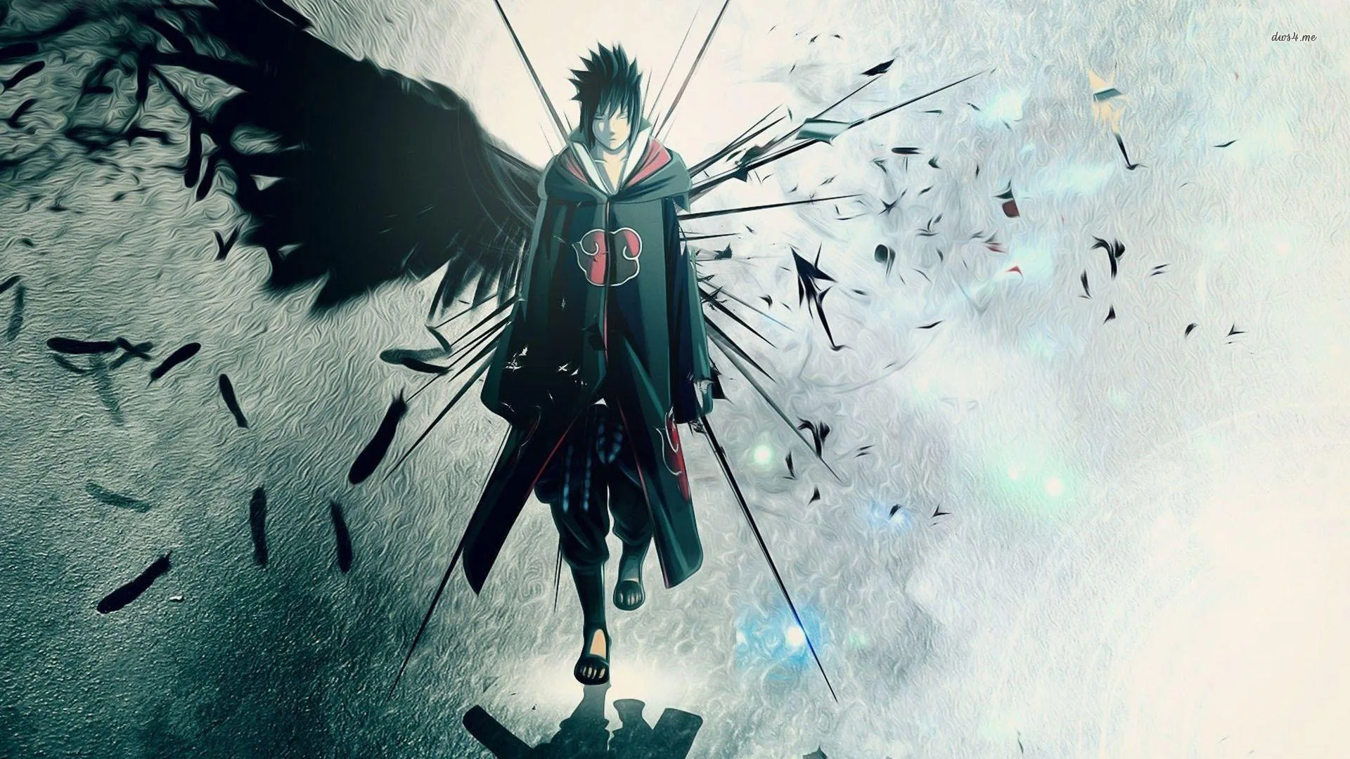 Sasuke stands with one black wing spread as shards and feathers blow outward, the grey wash behind him cracking into pale streaks.