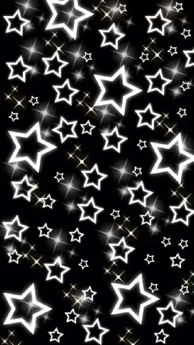Outlined stars of different sizes glow with soft white halos over black, small gold sparkles filling the gaps between them.