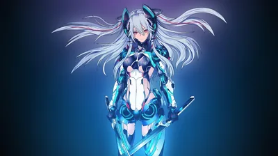 Long twin tails float around a girl in glowing teal battle armour, two sheathed blades at her hips, the background a smooth dark blue gradient.