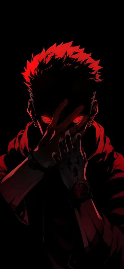 Both hands press over his eyes in deep red light, spiked hair and jacket almost dissolving into the black background.