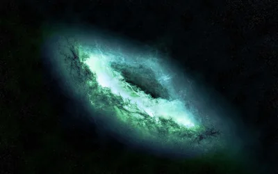 A tilted galaxy lit in green and white with a dark hollow at its centre, thin dust strands reaching out into the surrounding black.