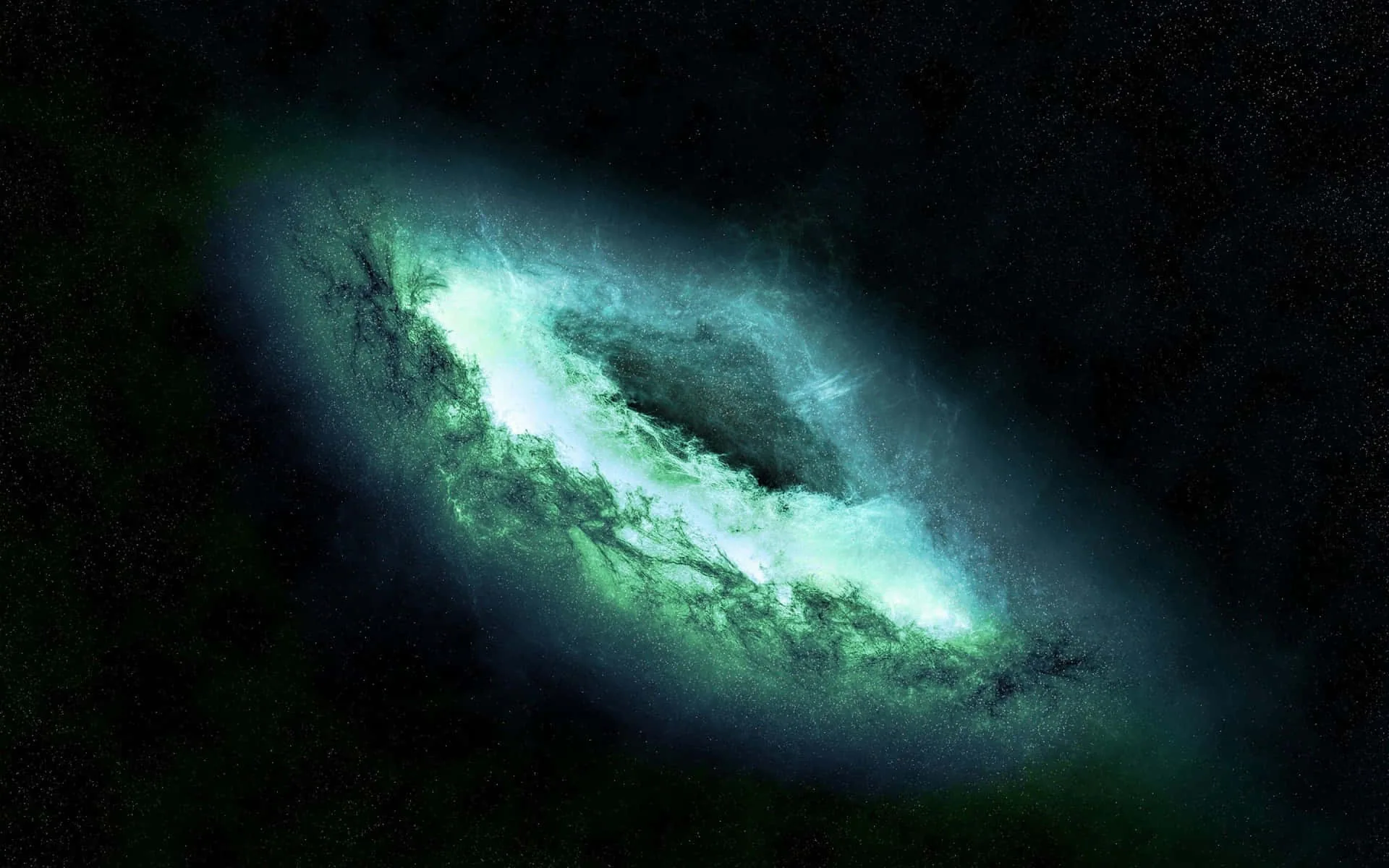 A tilted galaxy lit in green and white with a dark hollow at its centre, thin dust strands reaching out into the surrounding black.