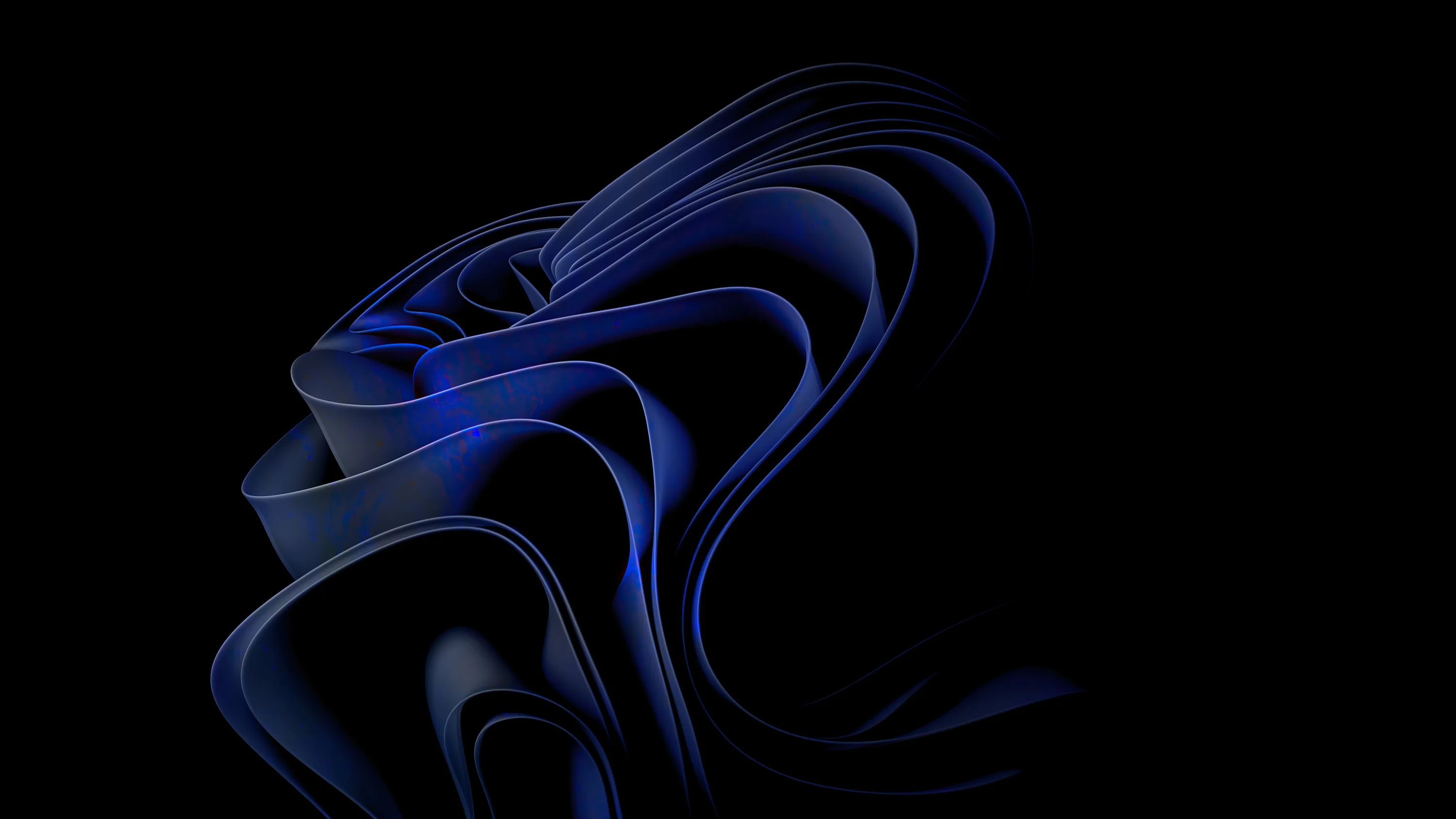 Layered ribbons curl into a bloom shape, the inner folds lit electric blue and the outer edges lost in black.
