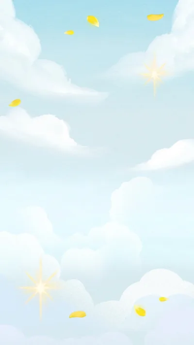A pale watercolour sky of soft white clouds with gold sparkles and drifting yellow petals — light enough that dark icons stand out clearly.