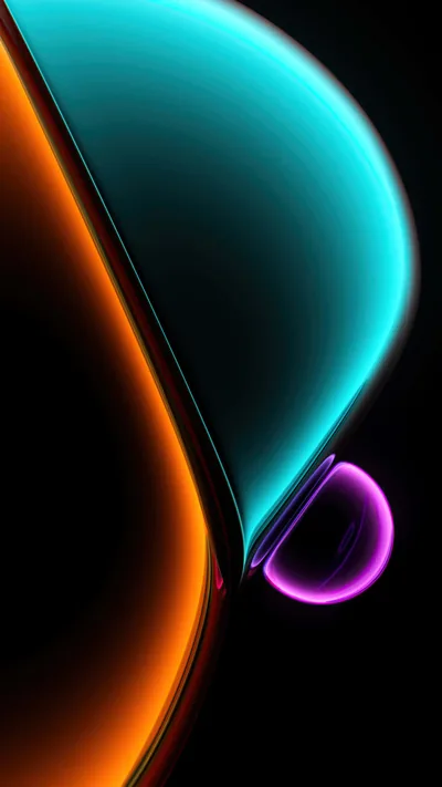 Glowing teal, orange and magenta arcs cross a pure black field, the small magenta ring sitting right of centre; unlit black dominates, easy on battery.