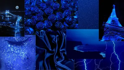 A grid of blue-toned photos — a bridge at night, roses, satin, a tower, a lightning strike — set side by side in one moodboard.