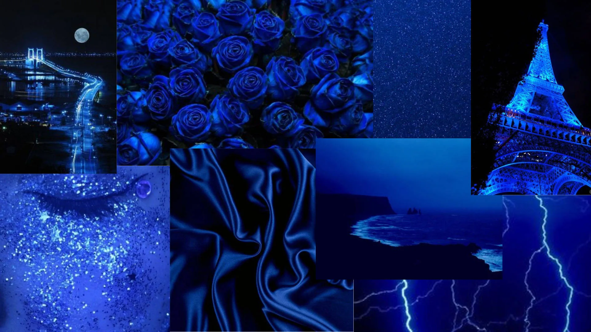 A grid of blue-toned photos — a bridge at night, roses, satin, a tower, a lightning strike — set side by side in one moodboard.