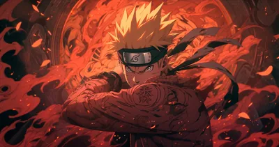 Naruto drives a fist forward through swirling crimson fire, red seal markings running up his arm, the whole frame washed in deep reds that suit a bold desktop setup.