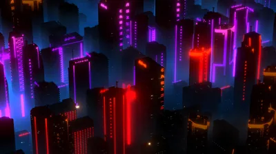 A dense block of skyscrapers viewed from a high angle, windows burning red and violet down the sides of every building.