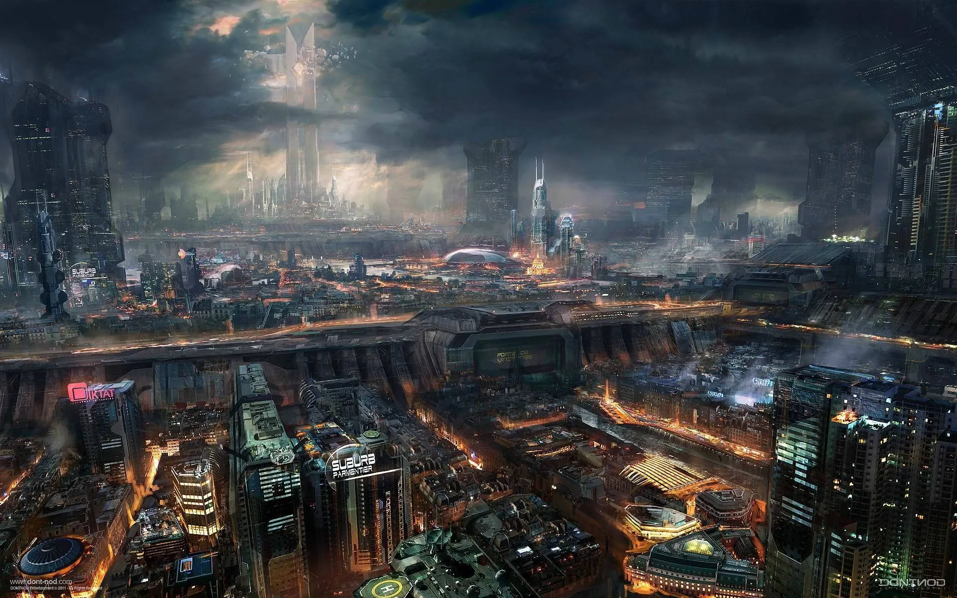 An aerial view sweeps across smoking districts toward a glowing citadel on the horizon, thunderheads pressing down so the top third stays dark.