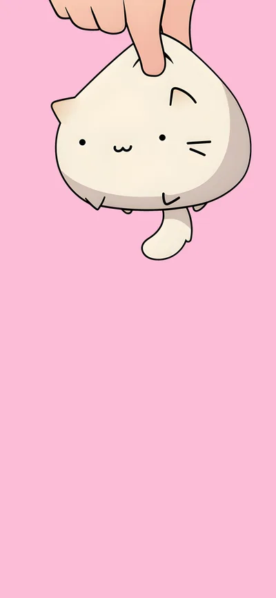 Fingertips squeeze a plump white cat at the very top, and the lower two thirds stay one flat pink where icons and widgets sit clean.