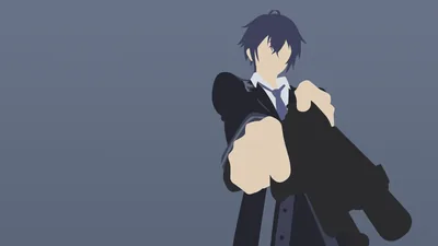 Flat vector shapes build a boy in a school jacket hauling a large case, sitting on a plain slate-blue field with no outlines.