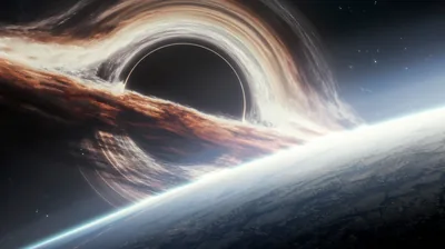 The dark sphere of a black hole sits inside a flat band of glowing dust, the curved white edge of a planet cutting across the lower frame.
