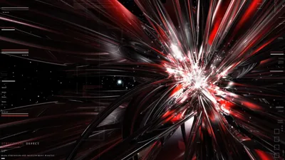 Shards of red and white light explode outward from a bright core, thin data readouts printed along the dark left edge.