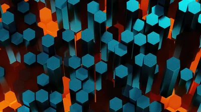 A forest of 3D hexagonal columns in teal rises at staggered heights, molten orange showing through the gaps between them.