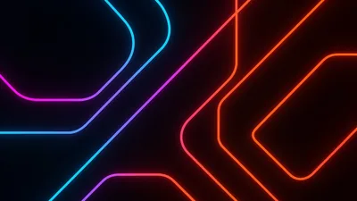 Rounded neon outlines in blue, magenta and orange run diagonally over black, each line spilling a little glow into the space around it.