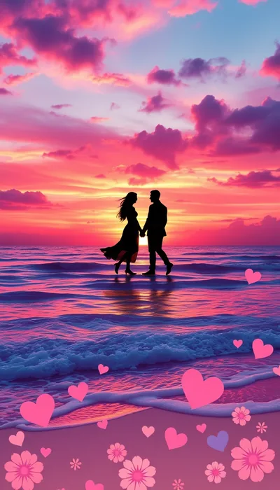 Two silhouettes walk the shoreline as the sky turns magenta, cartoon hearts and blossoms scattered across the wet sand.